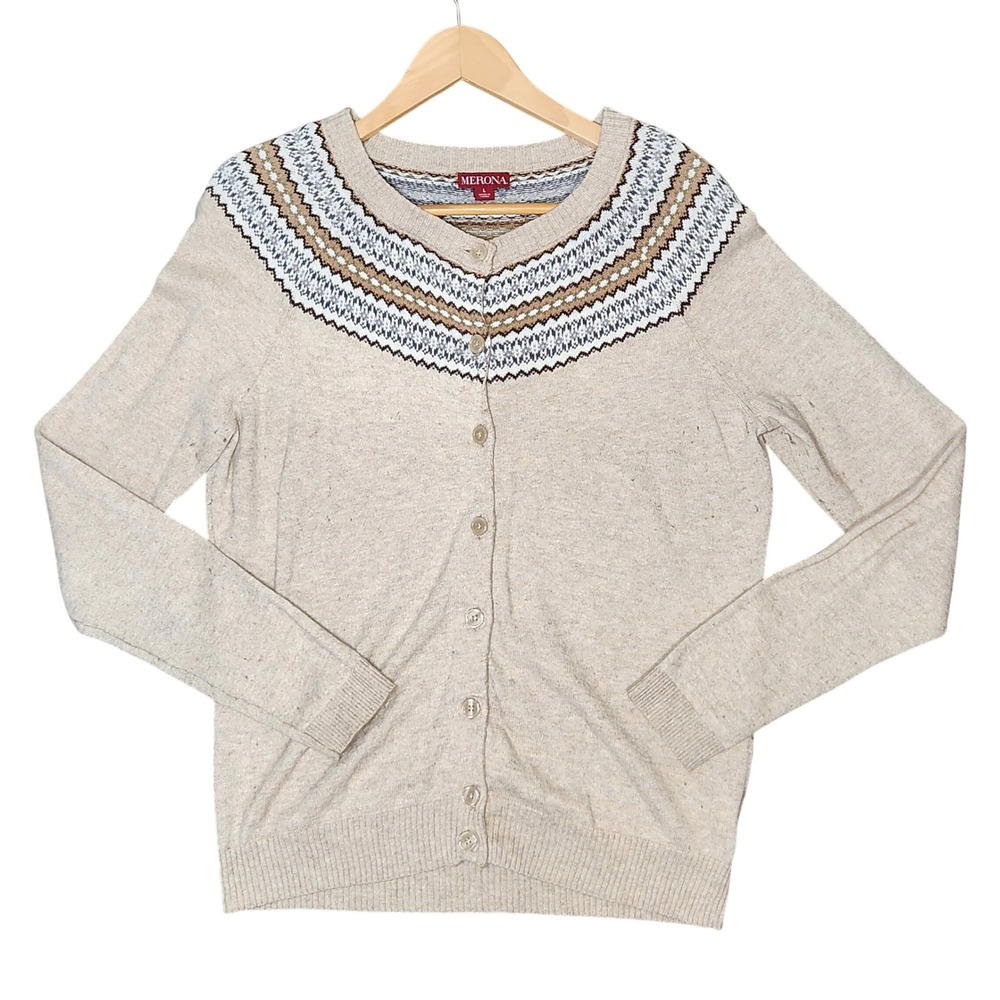 Y2K Fair Isle‎ Wool Crew Neck Button Front Cardigan Sweater Cottagecore L Brown